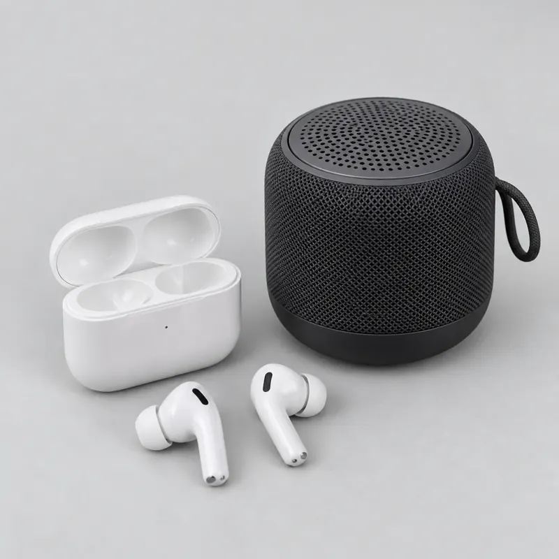 Earbuds and speakers — Similar product shown