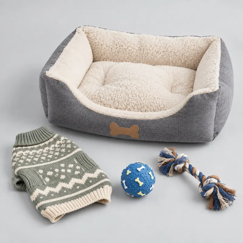 Pet supplies: clothing, beds, toys — Similar product shown